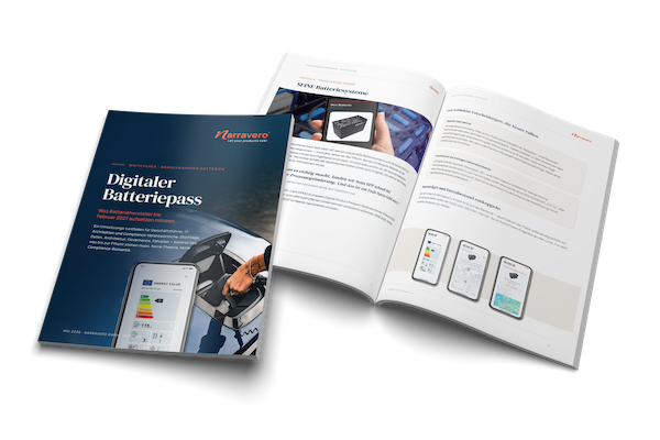 Aufgeschlagenes Narravero-Whitepaper Digitaler Batteriepass mit Titelseite und Innenseiten