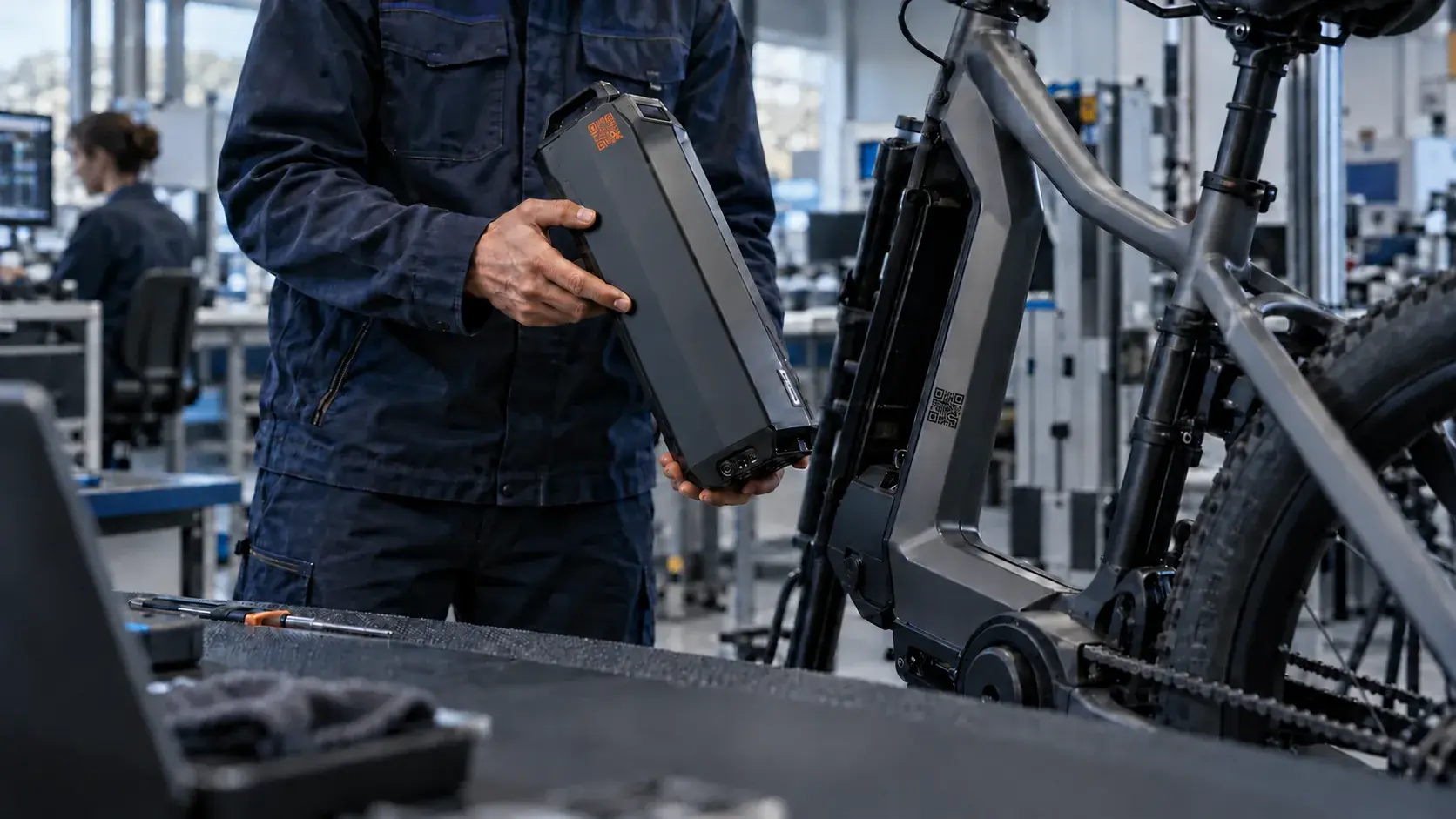 Technician holding an e-bike battery in the workshop