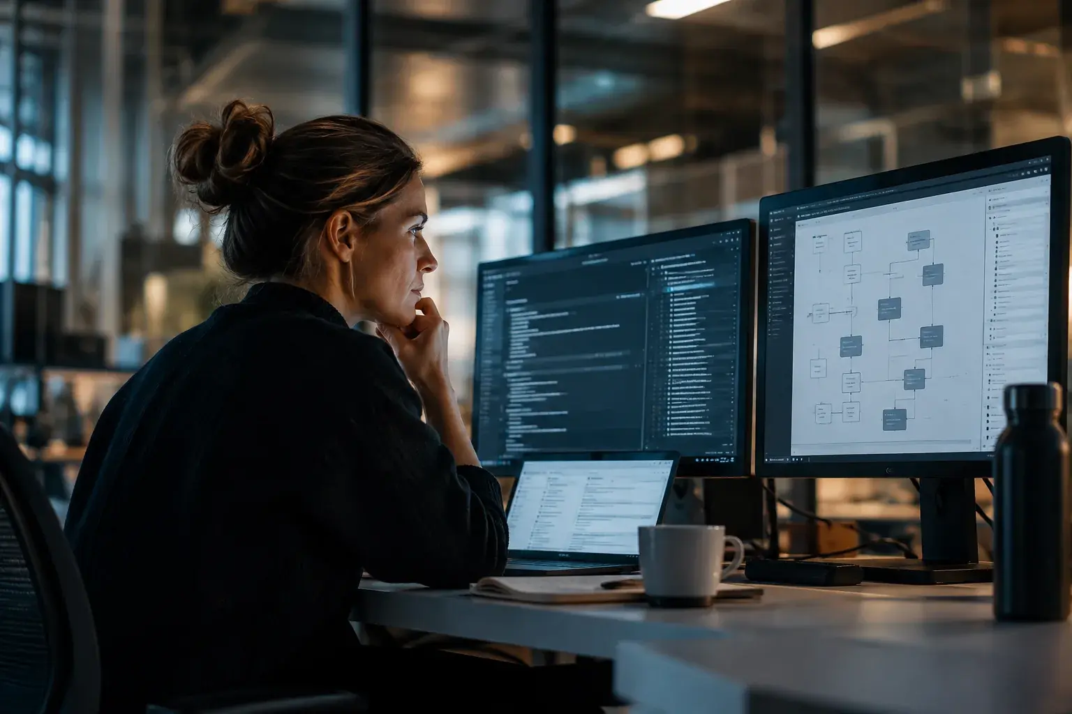Compliance expert working at two monitors with a process diagram