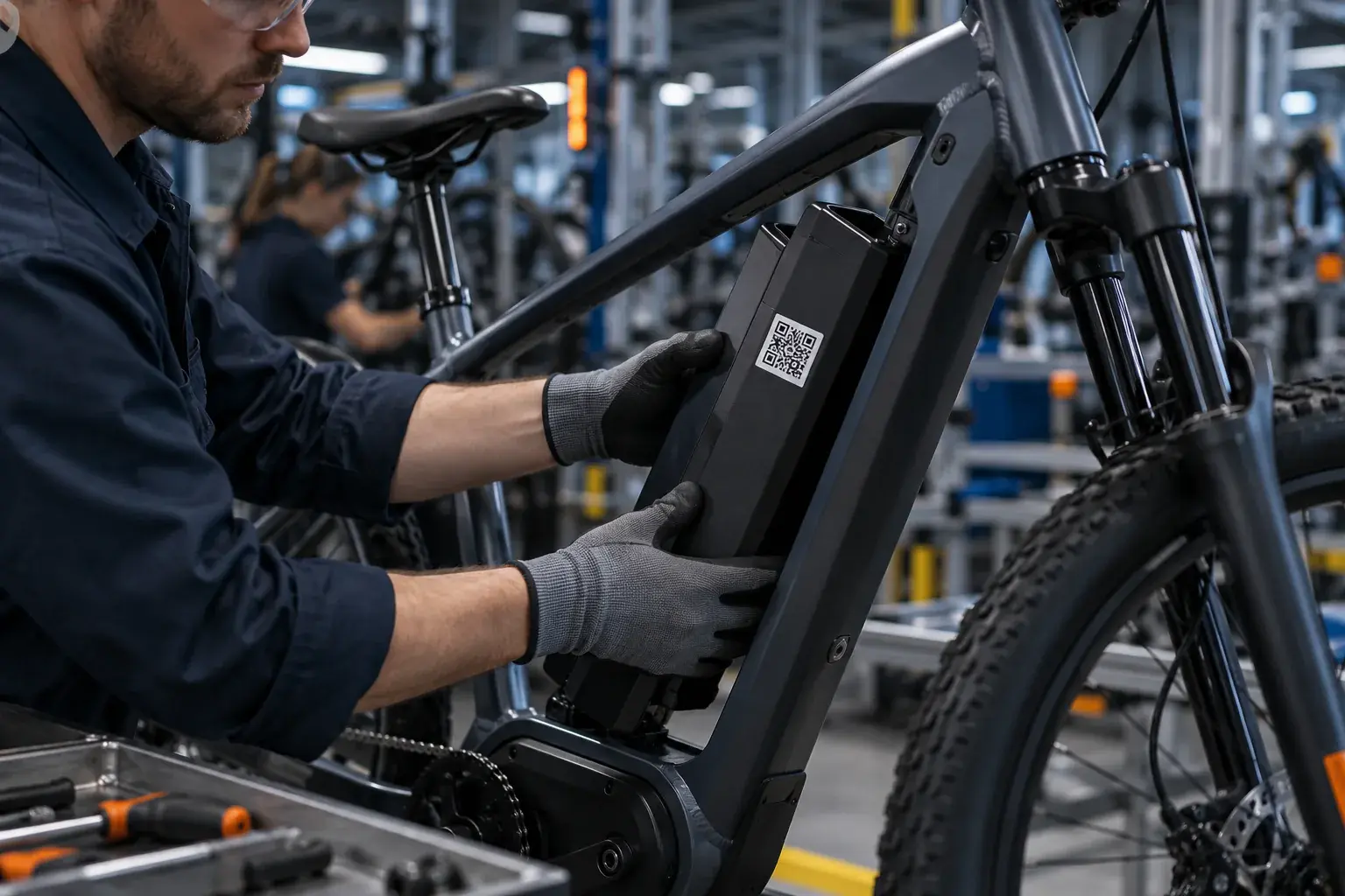 E-bike battery with QR code being inserted