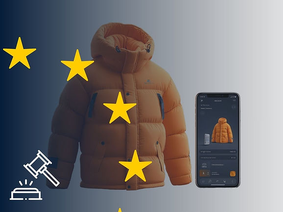 Digitaler Produktpass wird die Grundlage für die Produktdaten in Europa - ein Handy zeigt die Produktdaten zu einer orangenen Jacke.